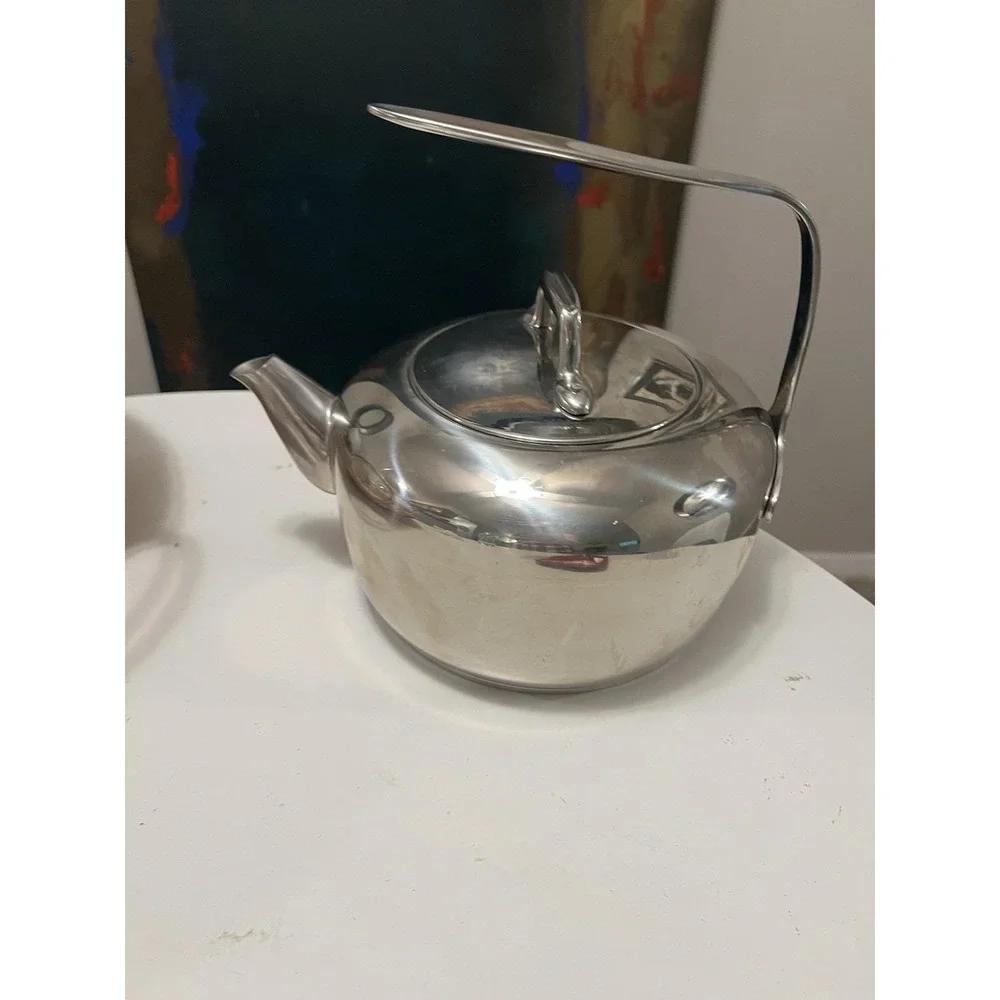 Vtg Lagostina Stainless Steel Stovetop Tea Kettle Dramatic Architecural Handle